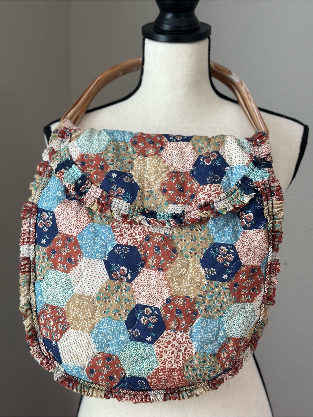 Grannycore Quilted Patchwork Cottagecore Hexagon Tote Bag in Navy, Rust & Aqua